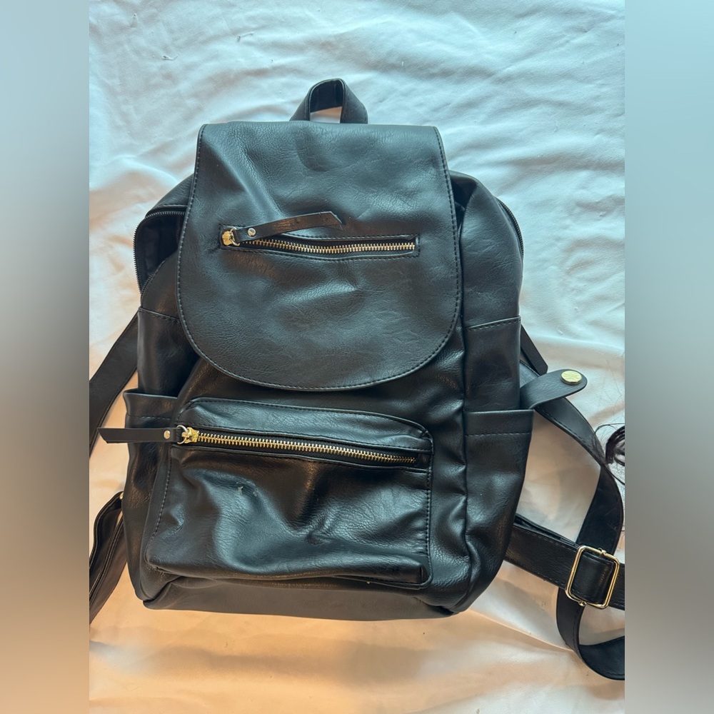 Black Faux Leather Backpack Gold Zippers